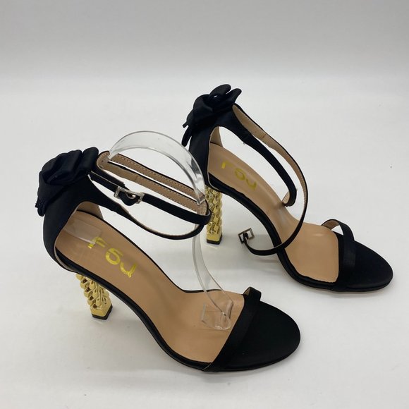 A FSJ Black Bows Gold Metal Chain Chunky High Heels Ankle Strap Sandals - Picture 5 of 10